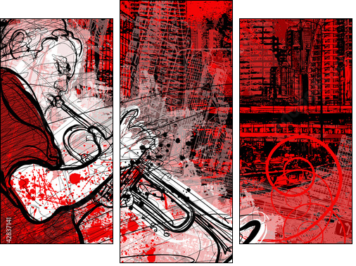 trumpeter on a grunge cityscape background - Dreiteiliges Leinwandbild, Triptychon