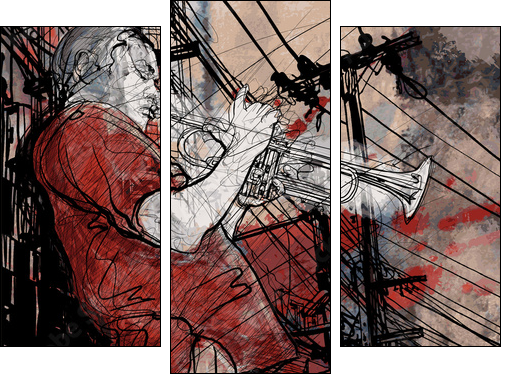 trumpeter on a grunge cityscape background - Dreiteiliges Leinwandbild, Triptychon