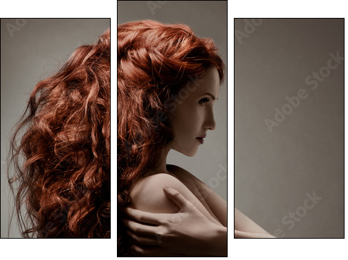 Beautiful woman with curly hairstyle against gray background - Dreiteiliges Leinwandbild, Triptychon