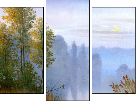 the boat on the bank of the lake, a canvas, oil - Dreiteiliges Leinwandbild, Triptychon