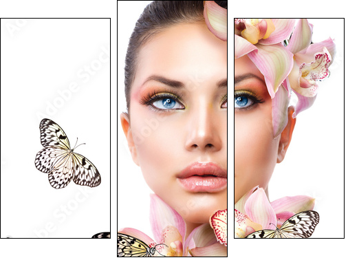 Beautiful Girl With Orchid Flowers and Butterfly - Dreiteiliges Leinwandbild, Triptychon
