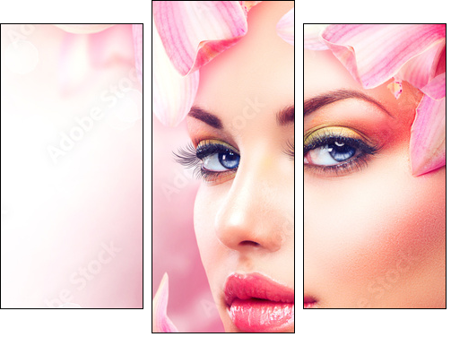 Beautiful Girl With Orchid Flowers. Beauty Woman Face - Dreiteiliges Leinwandbild, Triptychon
