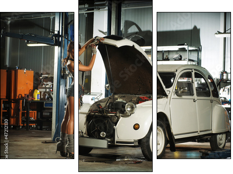 A beautiful brunette woman in a garage fixing an old car - Dreiteiliges Leinwandbild, Triptychon