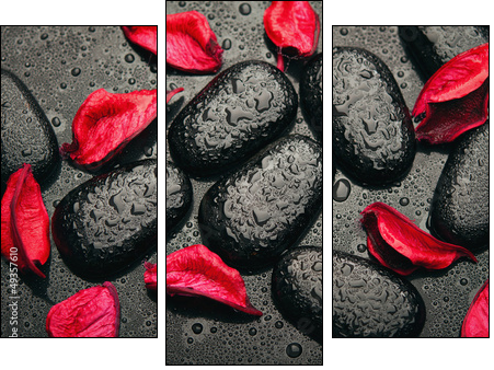 background spa. black stones and red petals with water droplets - Dreiteiliges Leinwandbild, Triptychon