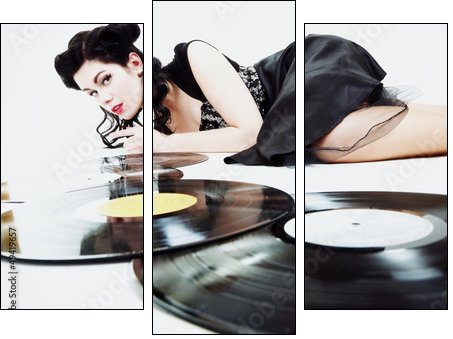 Sexy girl with phonography analogue record music lover - Dreiteiliges Leinwandbild, Triptychon