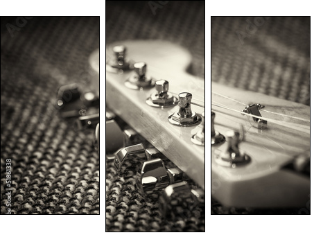 Electrical guitar headstock closeup. Sepia effect with vignette - Dreiteiliges Leinwandbild, Triptychon