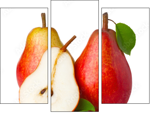 Ripe red pear fruits with green leaves isolated - Dreiteiliges Leinwandbild, Triptychon