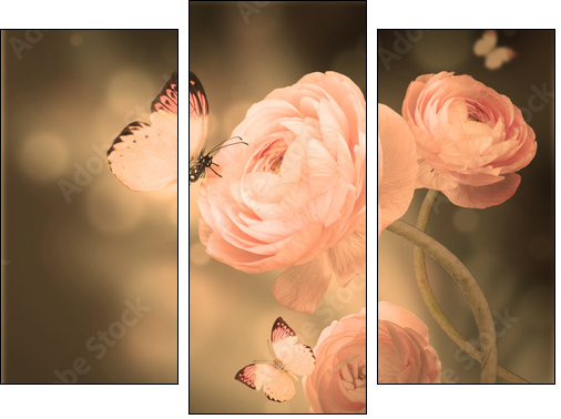 Bouquet of pink roses against a dark background  butterfly - Dreiteiliges Leinwandbild, Triptychon