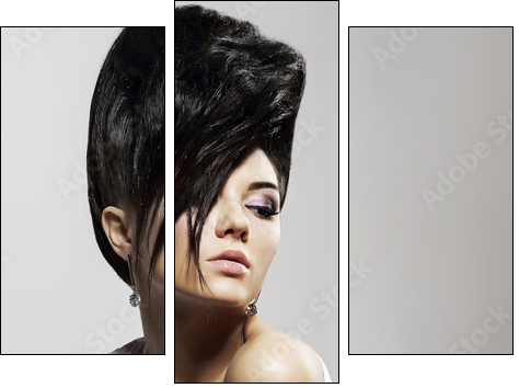 Updo Hair. Woman with Trendy Hairstyle with Diamond Earrings - Dreiteiliges Leinwandbild, Triptychon