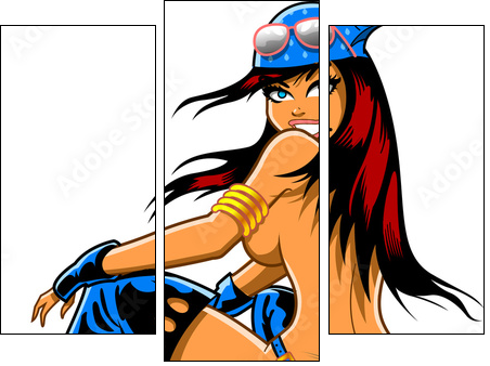 Sexy Squatting Biker Girl - Dreiteiliges Leinwandbild, Triptychon