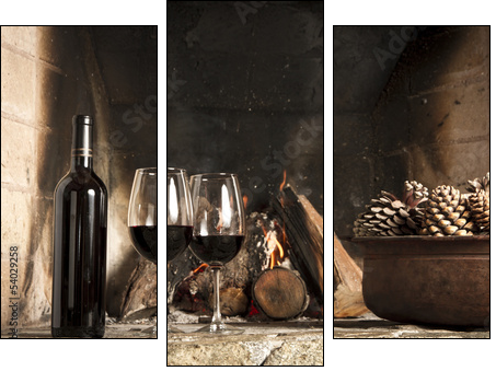 Copas de vino y botella de vino tinto, mano, brindis - Dreiteiliges Leinwandbild, Triptychon