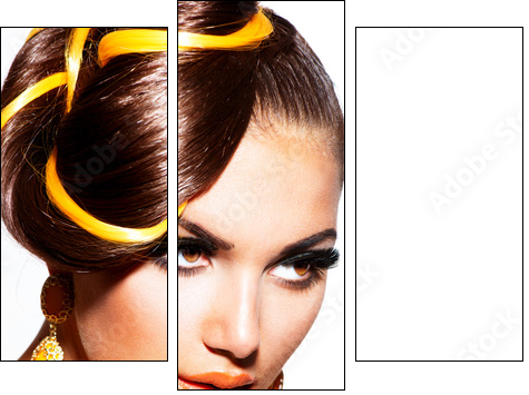 Fashion Model Girl Portrait with Yellow and Orange Makeup - Dreiteiliges Leinwandbild, Triptychon