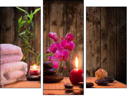 massage - bamboo - orchid, towels, candles stones - Dreiteiliges Leinwandbild, Triptychon