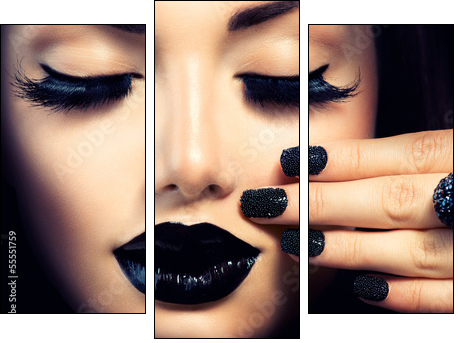 Beauty Fashion Girl with Trendy Caviar Black Manicure and Makeup - Dreiteiliges Leinwandbild, Triptychon