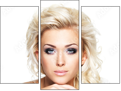 Beautiful blond woman with long curly hair and style makeup. - Dreiteiliges Leinwandbild, Triptychon