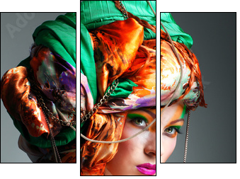 photo of redheaded girl in a head-dress from the coloured fabric - Dreiteiliges Leinwandbild, Triptychon