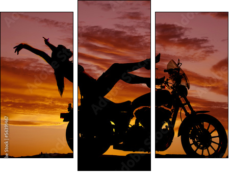 silhouette woman motorcycle heels up hands back - Dreiteiliges Leinwandbild, Triptychon