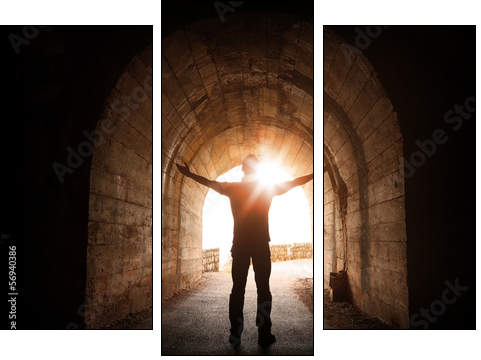 Man stands inside of old dark tunnel - Dreiteiliges Leinwandbild, Triptychon