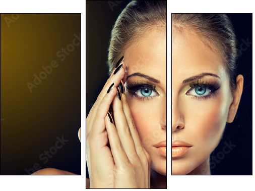 The girl with the Golden makeup and metal nails. - Dreiteiliges Leinwandbild, Triptychon