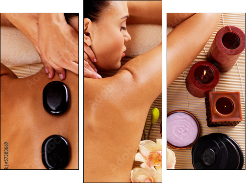 Adult woman having hot stone massage in spa salon - Dreiteiliges Leinwandbild, Triptychon