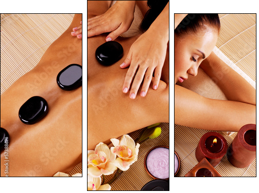 Adult woman having hot stone massage in spa salon - Dreiteiliges Leinwandbild, Triptychon