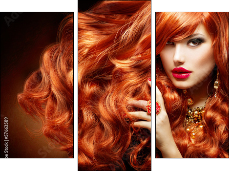 Long Curly Red Hair. Fashion Woman Portrait - Dreiteiliges Leinwandbild, Triptychon