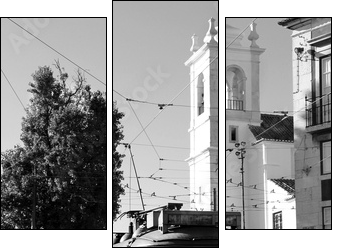 Lisbon old yellow tram over black and white background - Dreiteiliges Leinwandbild, Triptychon