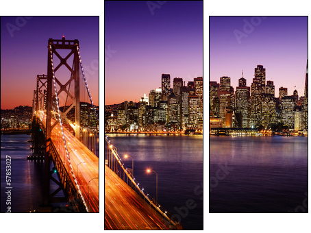 San Francisco skyline and Bay Bridge at sunset, California - Dreiteiliges Leinwandbild, Triptychon