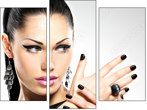 Beautiful fashion sexy woman with black nails at pretty face - Dreiteiliges Leinwandbild, Triptychon