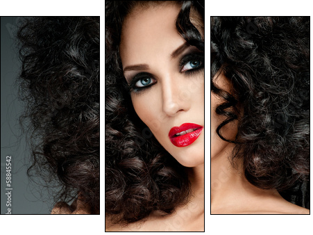 beautiful brunette with gorgeous curly hair - Dreiteiliges Leinwandbild, Triptychon