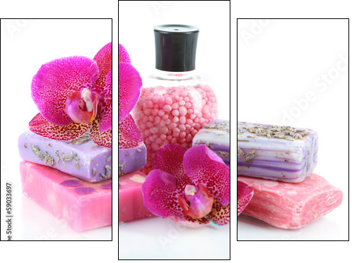 Sea salt, soap and orchid isolated on white - Dreiteiliges Leinwandbild, Triptychon
