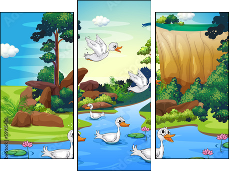 A group of ducks at the river in the forest - Dreiteiliges Leinwandbild, Triptychon