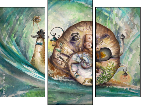 Snail with his house.Picture created with watercolors. - Dreiteiliges Leinwandbild, Triptychon