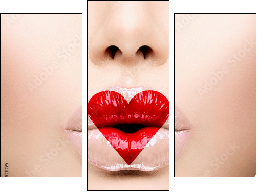Beauty Sexy Lips with Heart Shape paint. Valentines Day - Dreiteiliges Leinwandbild, Triptychon