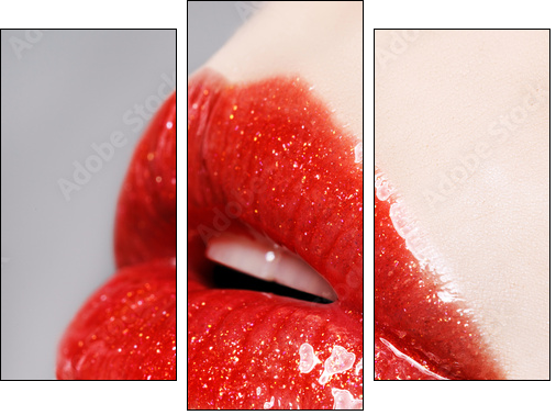 Beautiful female with red shiny lips close up - Dreiteiliges Leinwandbild, Triptychon