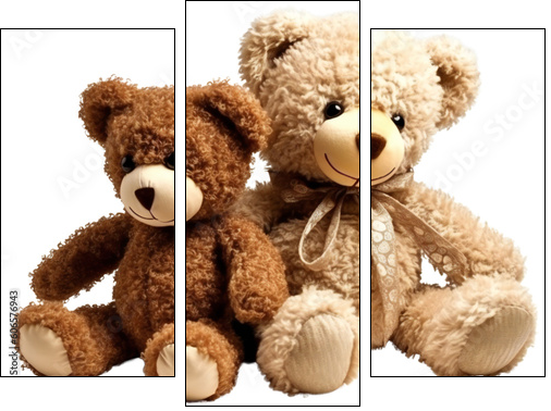 Two teddy bears together. Kids toys. Isolated on a transparent background. KI. - Dreiteiliges Leinwandbild, Triptychon