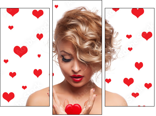 Beautiful woman with glamour bright makeup and red hear - Dreiteiliges Leinwandbild, Triptychon