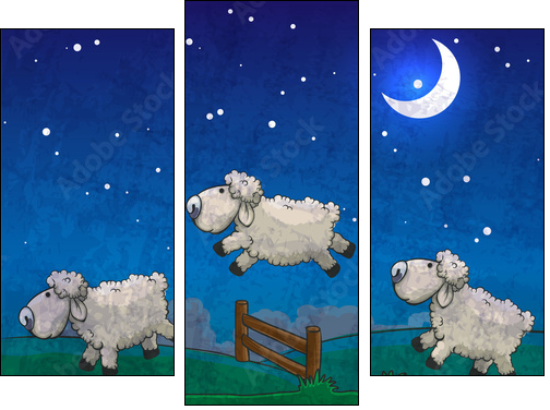 Three sheep  jumping over the fence. Count them to sleep. - Dreiteiliges Leinwandbild, Triptychon