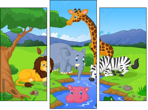 Savannah scenery with animals and waterhole - Dreiteiliges Leinwandbild, Triptychon