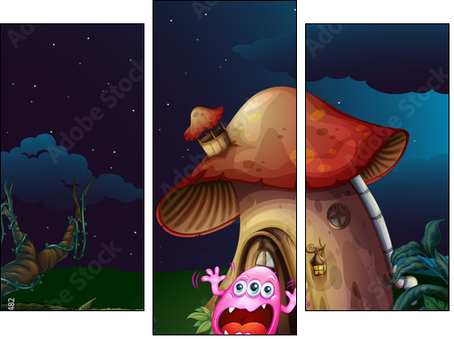 A scared monster near the mushroom house - Dreiteiliges Leinwandbild, Triptychon