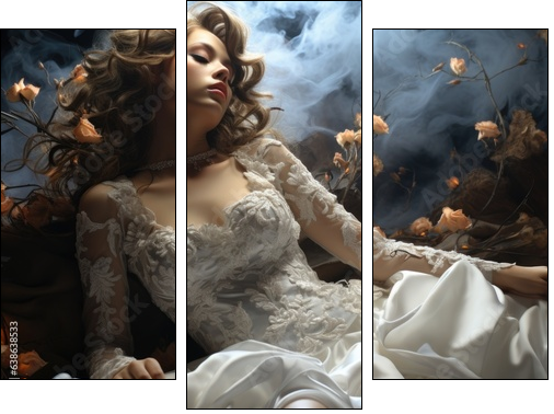 Elegant creative wedding dress on gorgeous model, style appeal luxe , excellent look, white dress, beautiful interior design, glamorous looking . - Dreiteiliges Leinwandbild, Triptychon