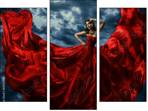 Woman in red evening dress, waving gown with flying long fabric - Dreiteiliges Leinwandbild, Triptychon