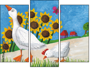Goose with hen on village way - Dreiteiliges Leinwandbild, Triptychon
