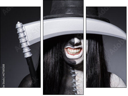 Woman in halloween concept with scythe - Dreiteiliges Leinwandbild, Triptychon