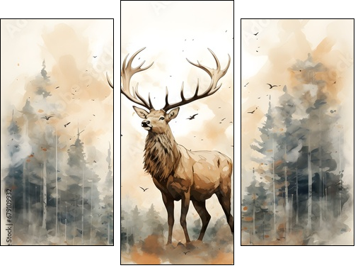 Masterful Brushstrokes: Juxtaposed Elk Painting in Minimalist Nature Study - Dreiteiliges Leinwandbild, Triptychon