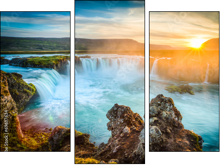 Iceland, Godafoss at sunset, beautiful waterfall, long exposure - Dreiteiliges Leinwandbild, Triptychon