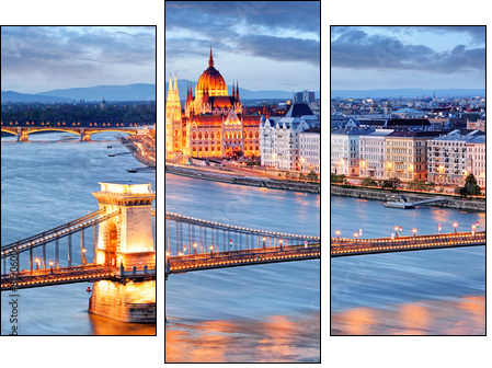 Budapest with chain bridge and parliament, Hungary - Dreiteiliges Leinwandbild, Triptychon