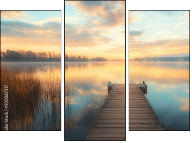 Serene lakeside landscape with a wooden dock, calm waters, and a pastel-colored sky, ideal for peaceful retreat themes - Dreiteiliges Leinwandbild, Triptychon