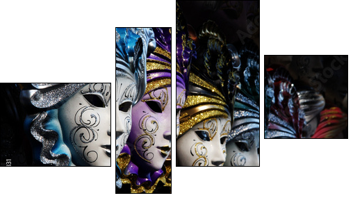 Row of venetian masks in gold and blue - Vierteiliges Leinwandbild, Viertychon