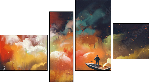 man on a boat in the outer space with colorful cloud,illustration - Vierteiliges Leinwandbild, Viertychon